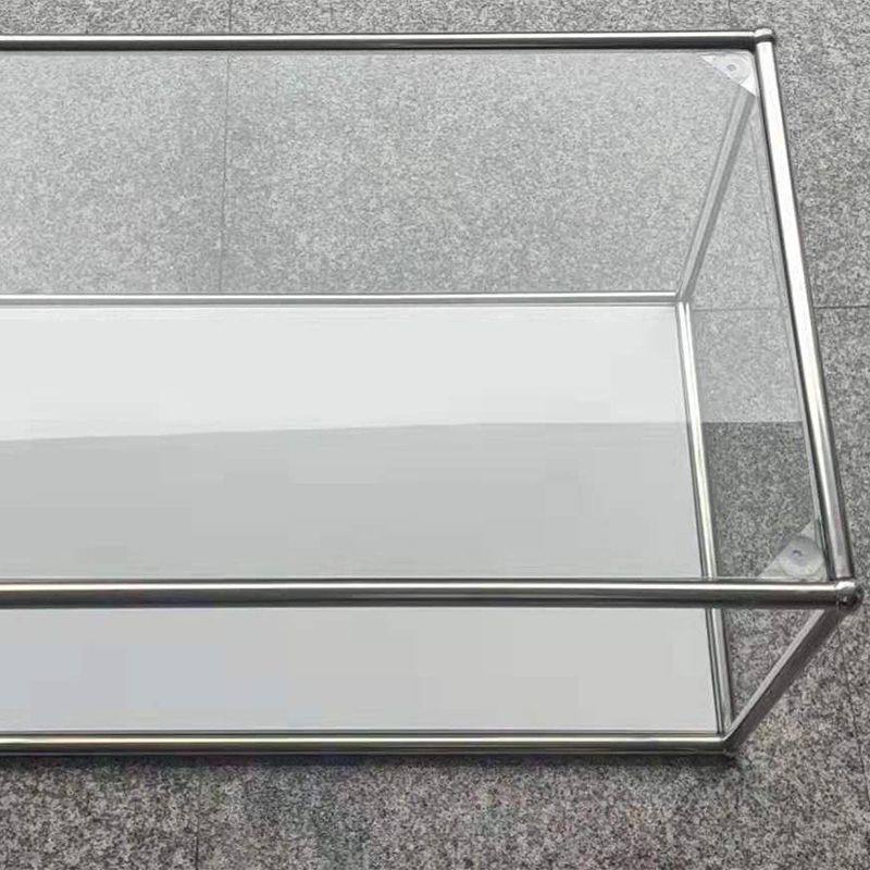 Rectangular Steel Coffee Table Modern Glass Top Cocktail Table with Floor Shelf