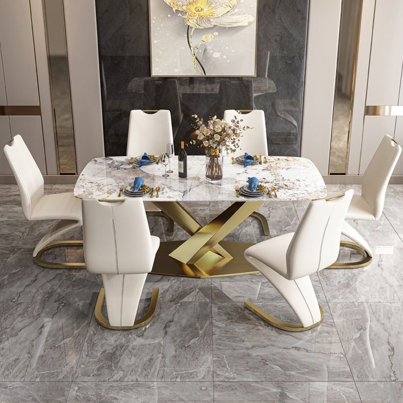 Traditional Luxury Dining Table Rectangle Sintered Stone Pedestal Table with Gold Frame Clearhalo ' dining_table' 'Dining Tables & Seating' 'Dining Tables' 'furn' 'furn_dining_table' 'Furniture' 'furniture_dining_table' 'Kitchen & Dining Furniture' 'kitchen&dining_furn' 'kitchen' 'kitchen_dining_table' 1200x1200_f36fa723-c202-4682-8ee3-704a811d8da3