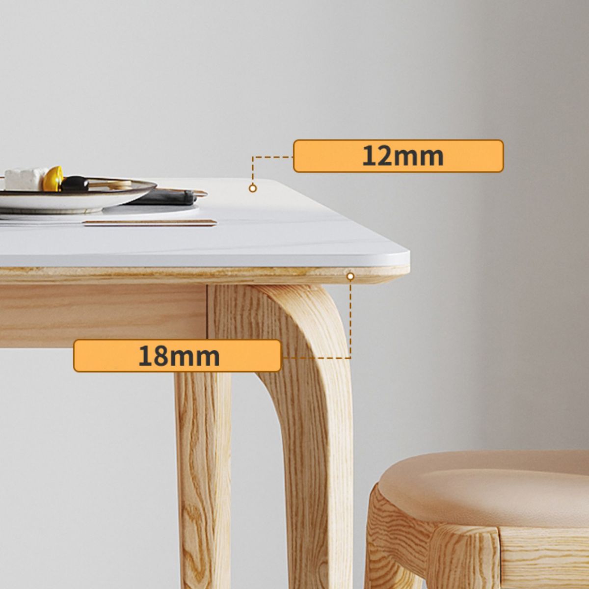 Modern White Rectangular Stone Top Dining Table with 4 Ash Legs