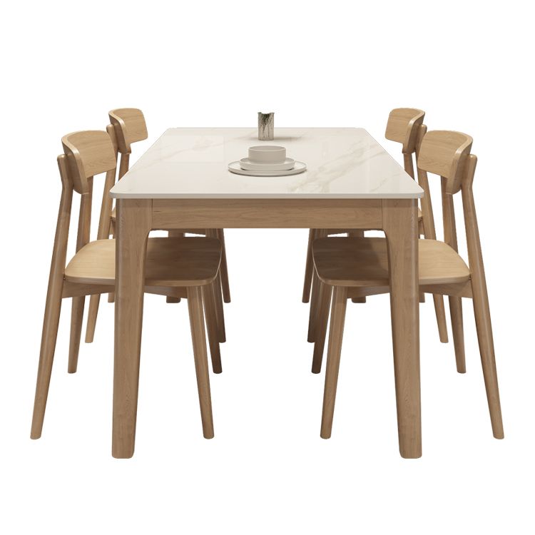 Mesa de comedor moderna con tapa de piedra blanca, mesa rectangular con patas de madera