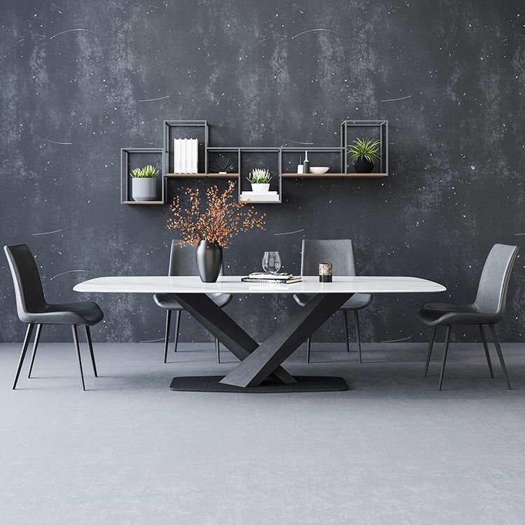Modern Style Sintered Stone Dining Table with White Table and Black Trestle Base for Home Use Clearhalo 'Dining Room Sets' 'Dining Tables & Seating' 'dining_room_set' 'furn' 'furn_dining_room_set' 'Furniture' 'furniture_dining_room_set' 'Kitchen & Dining Furniture' 'kitchen&dining_furn' 'kitchen' 1200x1200_f387d262-552c-4f2c-a469-e89fd9b1747f