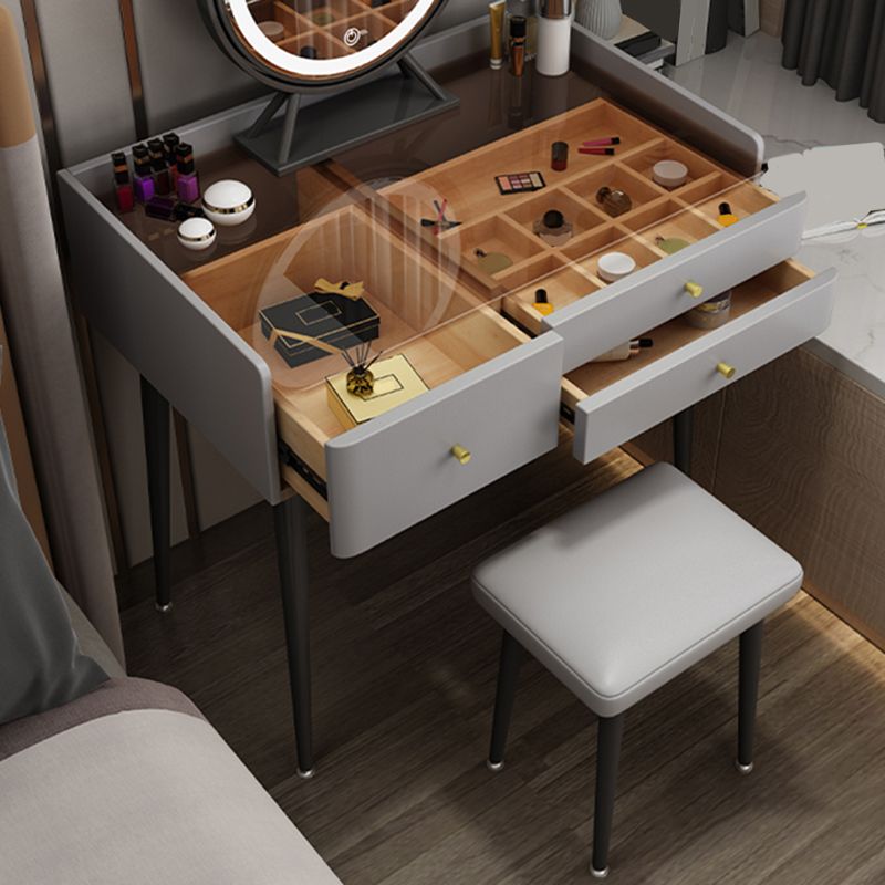 Modern Glass Top Makeup Vanity Table in Gray with Storage Drawers Clearhalo 'Bedroom Furniture' 'furn' 'furn_makeup_vanities' 'Furniture' 'Makeup Vanities' 'makeup_vanities' 1200x1200_f3a433c2-bd63-4257-bd15-470a14272f5e