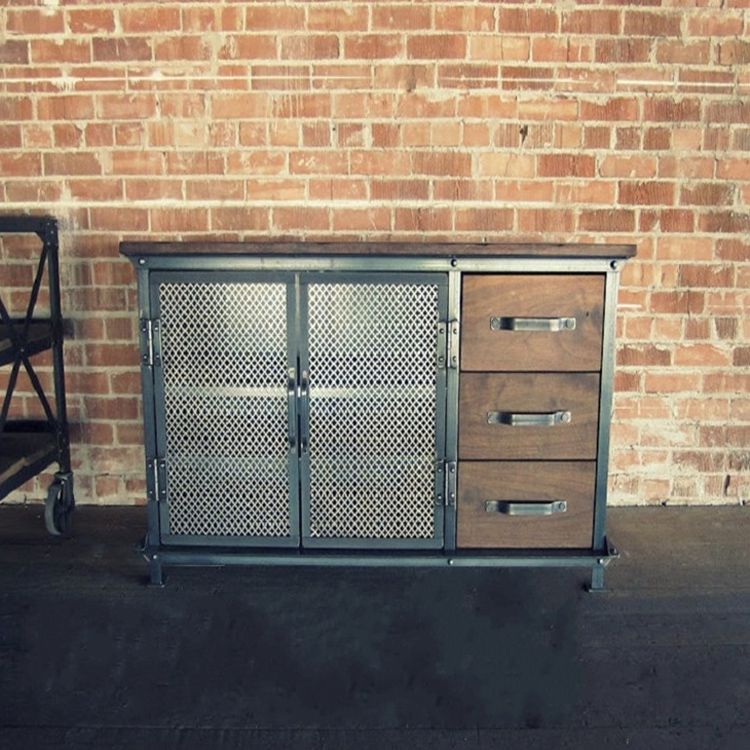 Industrial Iron 2 - Door Accent Cabinet Distressed Wood Chest with 3 Drawers