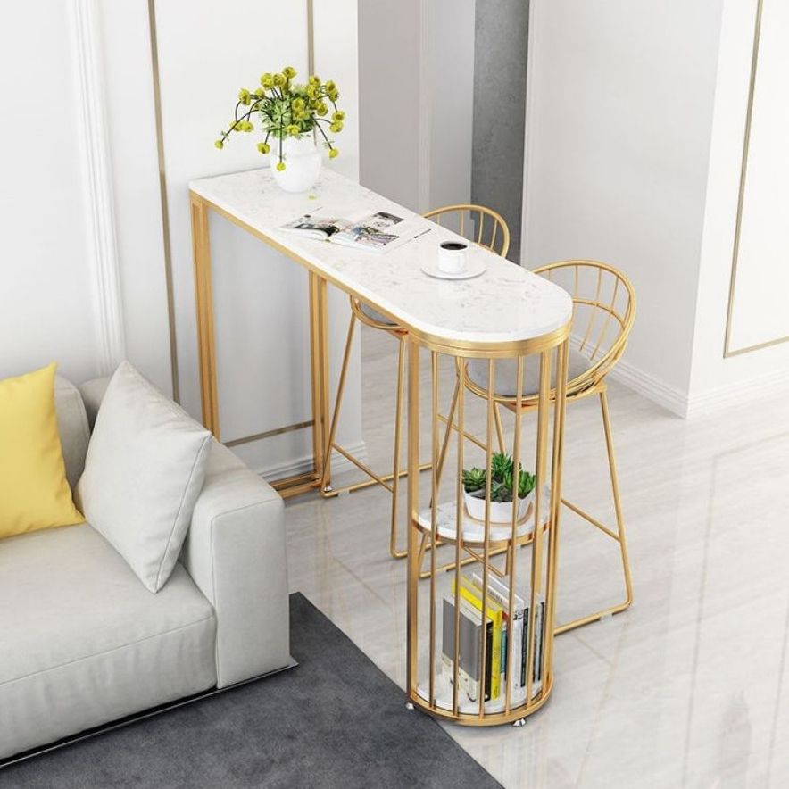 Stone Bar Dining Table Industrial Bar Dining Table with Sled Base in Gold Clearhalo 'Bar Furniture' 'Bar Tables' 'bar_tables' 'Furniture' 'furniture_bar_tables' 'Kitchen & Dining Furniture' 1200x1200_f3d62d5f-5fc2-44d2-bda1-24d5046fdb16