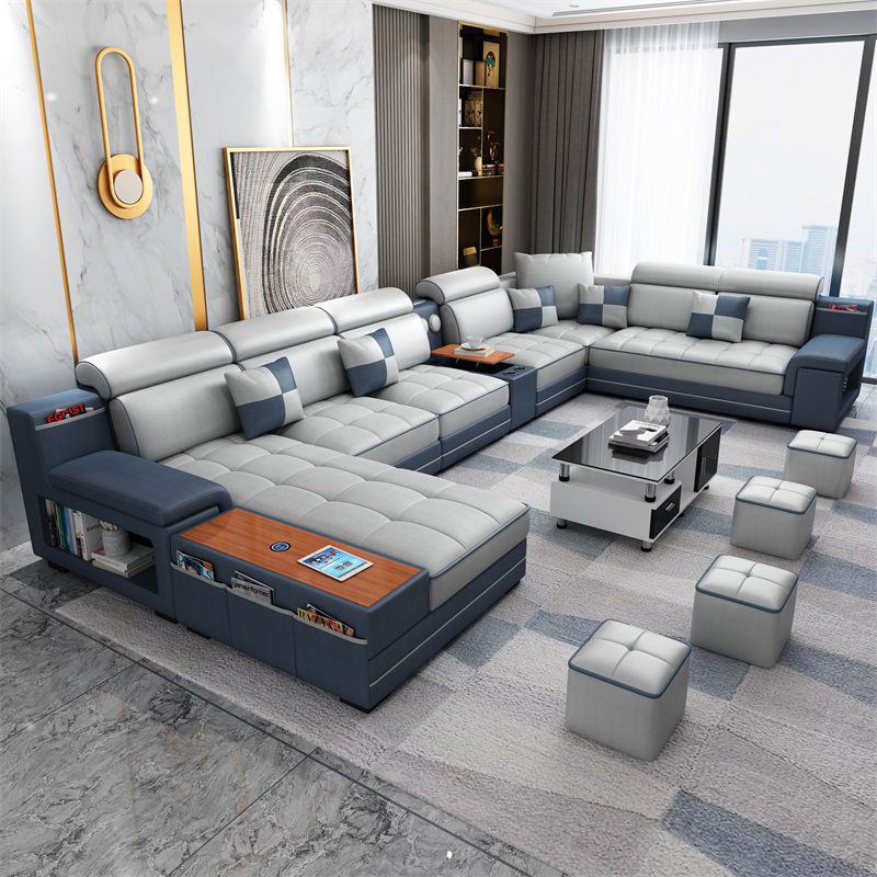 157.5"W √ó 94.49"D √ó 35.43"H Faux Leather Pillow Top Arm Sectional with Stain-Resistant Clearhalo 'furn' 'furn_sectionals' 'Furniture' 'furniture_sectionals' 'Living Room Furniture' 'Sectionals' 1200x1200_f4067f91-aeb3-48a0-ba47-53985b3d51e4