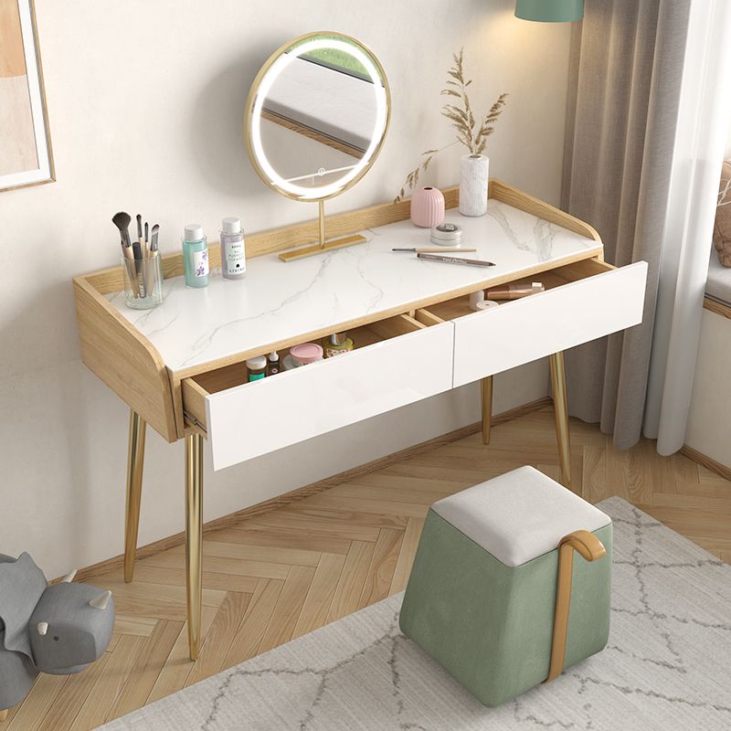 Glam 2-drawer Slate Top Dressing Table 32.67" H Vanity Stool in White Clearhalo 'Bedroom Furniture' 'furn' 'furn_makeup_vanities' 'Furniture' 'Makeup Vanities' 'makeup_vanities' 1200x1200_f40d5e64-5dcc-4f98-a43c-58bda23feedf