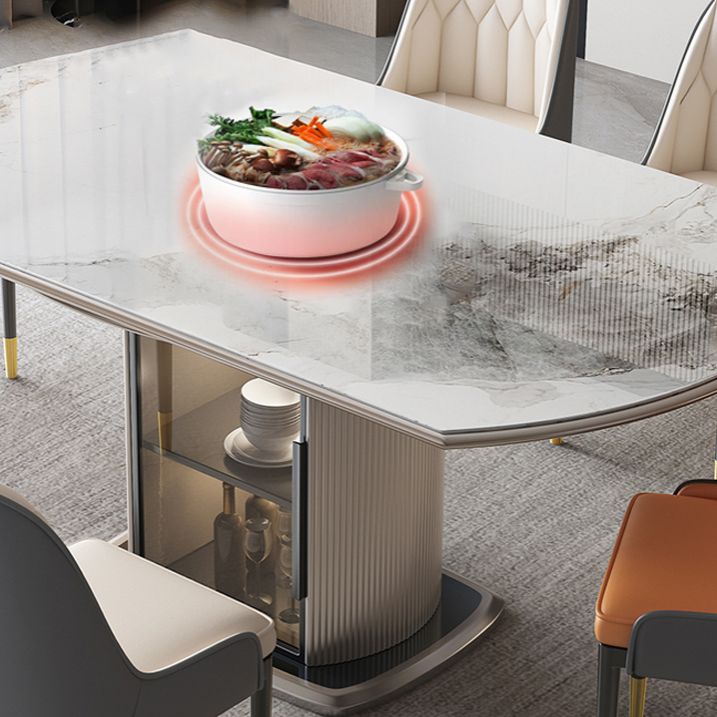 Stone Tabletop Round Extendable Dining Table in White with Storage Clearhalo 'Dining Tables & Seating' 'Dining Tables' 'dining_table' 'furn' 'furn_dining_table' 'Furniture' 'Kitchen & Dining Furniture' 1200x1200_f40deb7b-6eba-45d7-a6e9-578151bc02b7