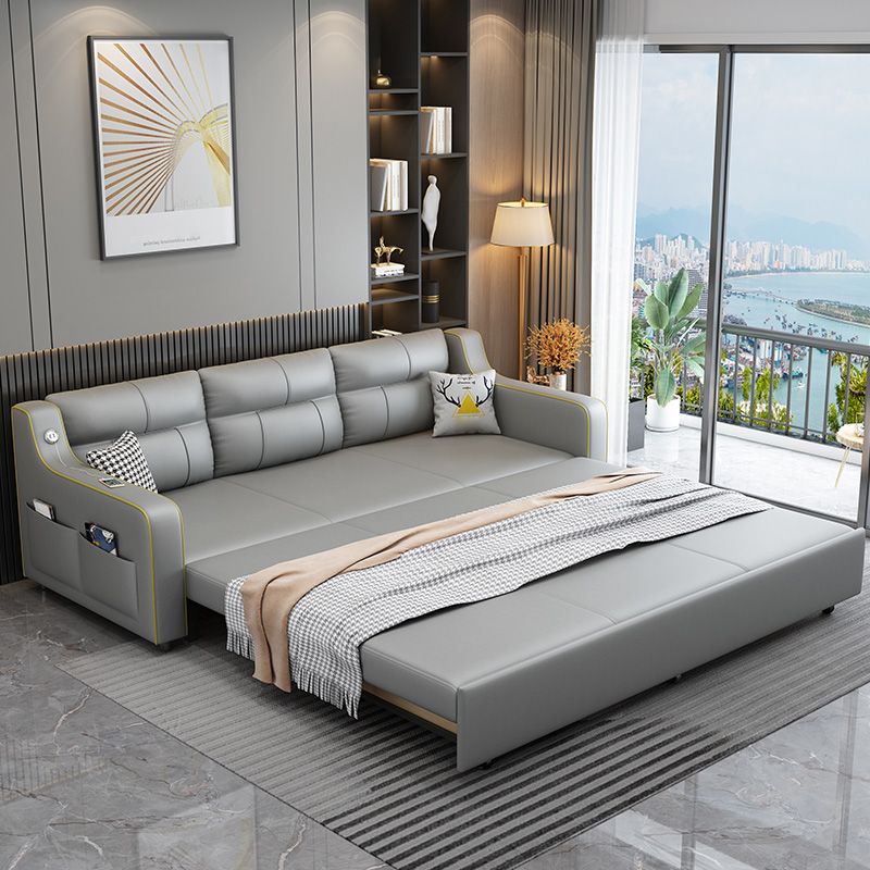 Contemporary Grey Bonded Leather Sleeper Sofa with Box and Cushion Back Clearhalo 'furn' 'furn_futons' 'Furniture' 'Futons & Daybeds' 'Futons' 'Living Room Furniture' 1200x1200_f423ee27-3ff8-4e92-92ce-c5b601a4dc66