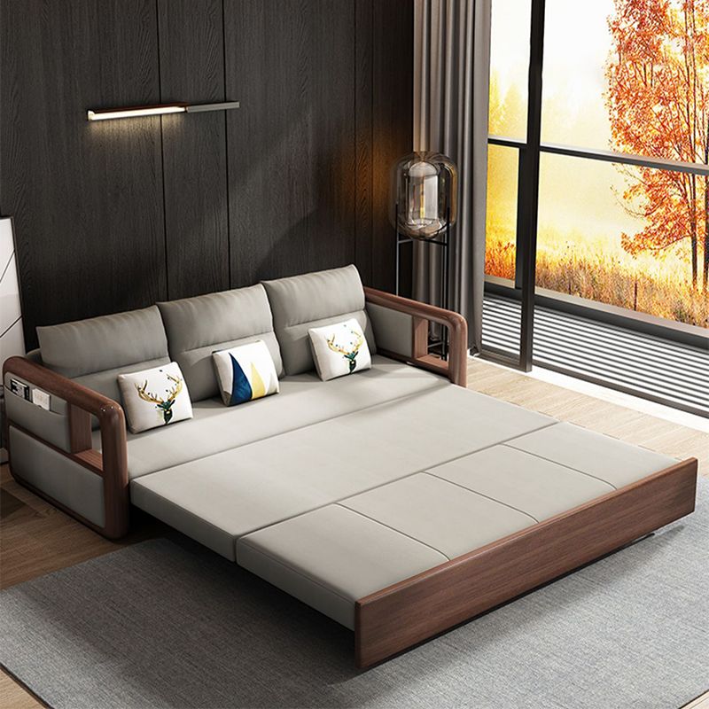 Fabric Sewn Pillow Back Sofa Round Arm Sofa Bed in Walnut Finish