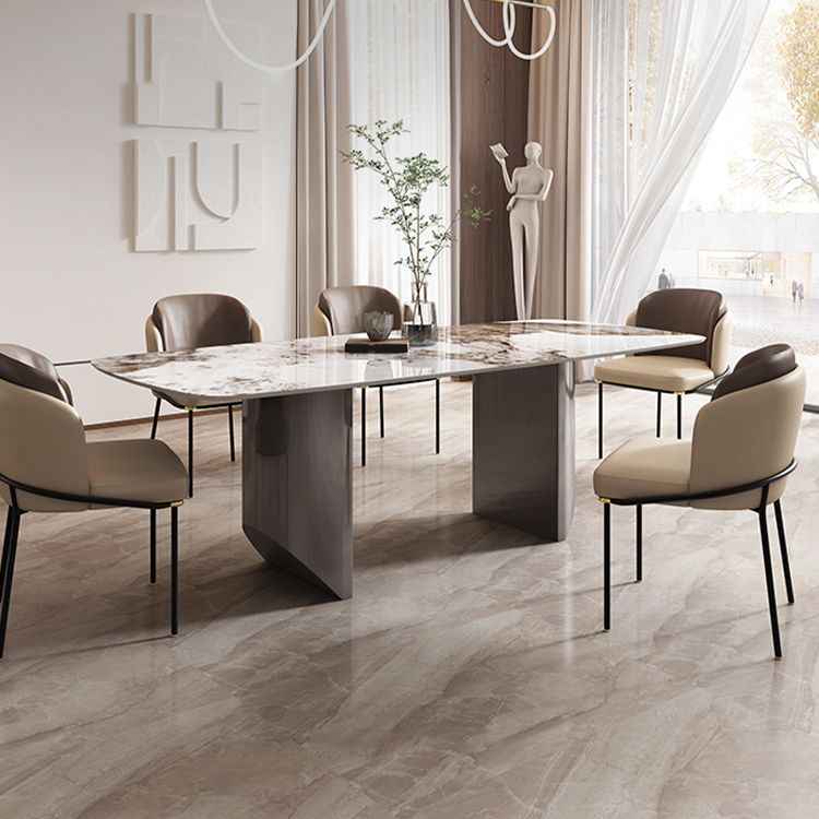 Juego de comedor de piedra sinterizada, mesa rectangular moderna y sillas tapizadas