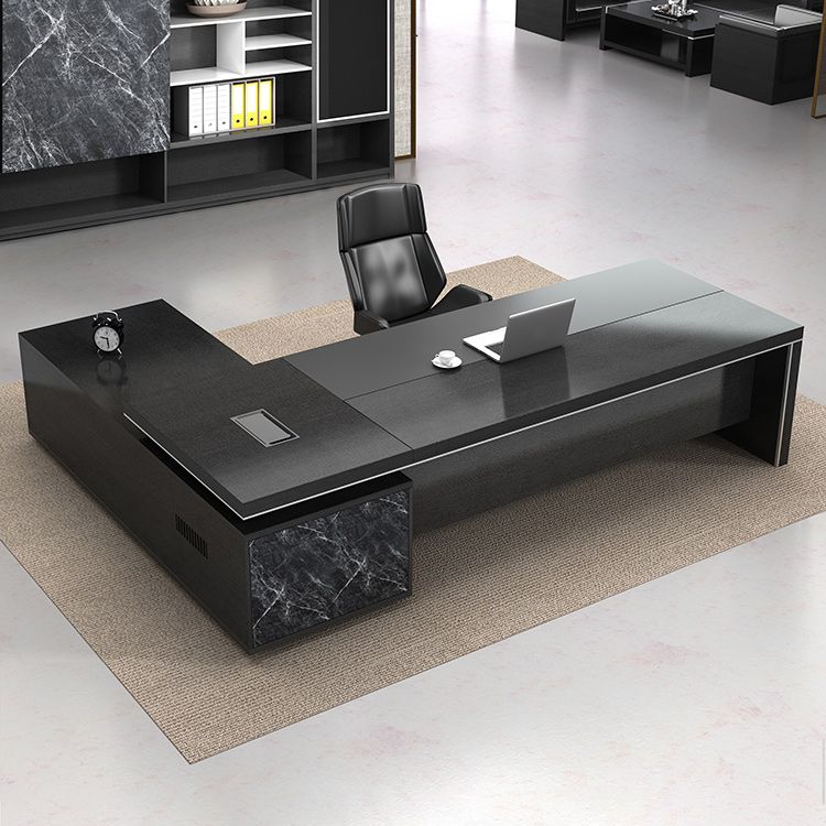 Black L-Shape Office Desk Cable Management Executive Desk with 2-Drawer Clearhalo 'furn' 'furn_office_desk' 'Furniture' 'Office Desks' 'Office Furniture' 'office_desk' 1200x1200_f4665331-805c-43a0-af36-7bb8e5fb5b9f