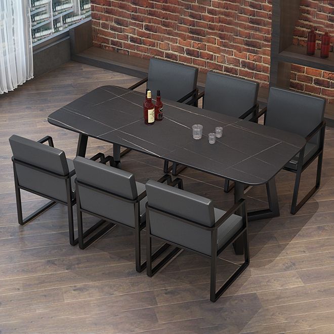 Industrial Style Sintered Stone Dining Table Black Rectangle Table with Sled Base for Dinning Room Clearhalo ' dining_table' 'Dining Tables & Seating' 'Dining Tables' 'furn' 'furn_dining_table' 'Furniture' 'furniture_dining_table' 'Kitchen & Dining Furniture' 'kitchen&dining_furn' 'kitchen' 'kitchen_dining_table' 1200x1200_f47fb13a-5094-4a41-ada6-ecb58efca5b7