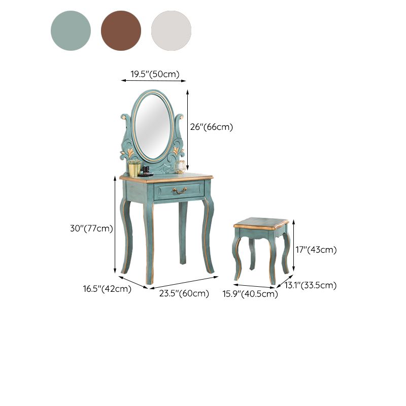 Vanity di trucco vittoriano con cassetto e specchio, tavolo da toeletta in legno massiccio