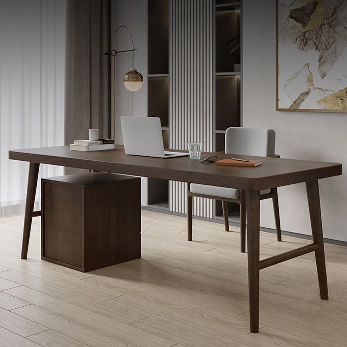 モダンな茶色のライティングデスクソリッドウッドH字型オフィスデスクホーム用