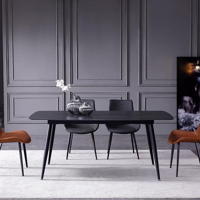 Modern Style Sintered Stone Dining Table with Rectangle Shape Table and 4 Black Legs Base Clearhalo 'Dining Room Sets' 'Dining Tables & Seating' 'dining_room_set' 'furn' 'furn_dining_room_set' 'Furniture' 'furniture_dining_room_set' 'Kitchen & Dining Furniture' 'kitchen&dining_furn' 'kitchen' 1200x1200_f49bfa39-9592-473b-87d1-5fa132df33ce