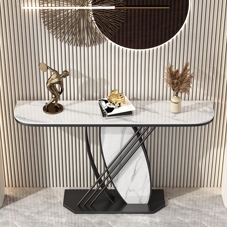 Stone Half Moon Accent Table with Iron Pedestal Base for Hall