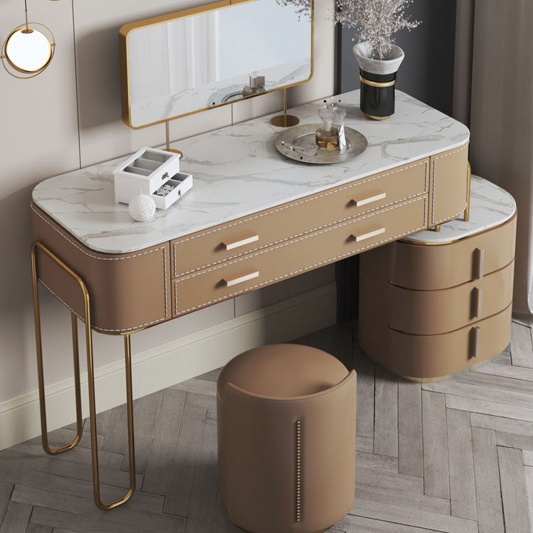 Tavolo da toeletta per trucco a specchio lussuoso sgabello in pietra set in marrone