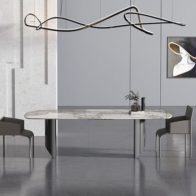 Metal Contemporary Rectangular Dining Table Sintered Stone Table with Double Pedestal Clearhalo 'Dining Tables & Seating' 'Dining Tables' 'dining_table' 'furn' 'furn_dining_table' 'Furniture' 'furniture_dining_table' 'Kitchen & Dining Furniture' 1200x1200_f52a4f4d-1b07-44d4-97a3-78645b3439c8