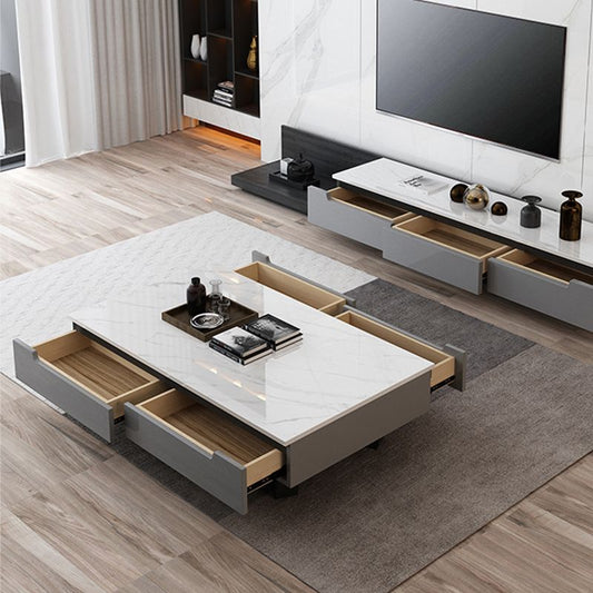 大理石のトップ抽象的なコーヒーテーブルストレージコンテンポラリーホワイト