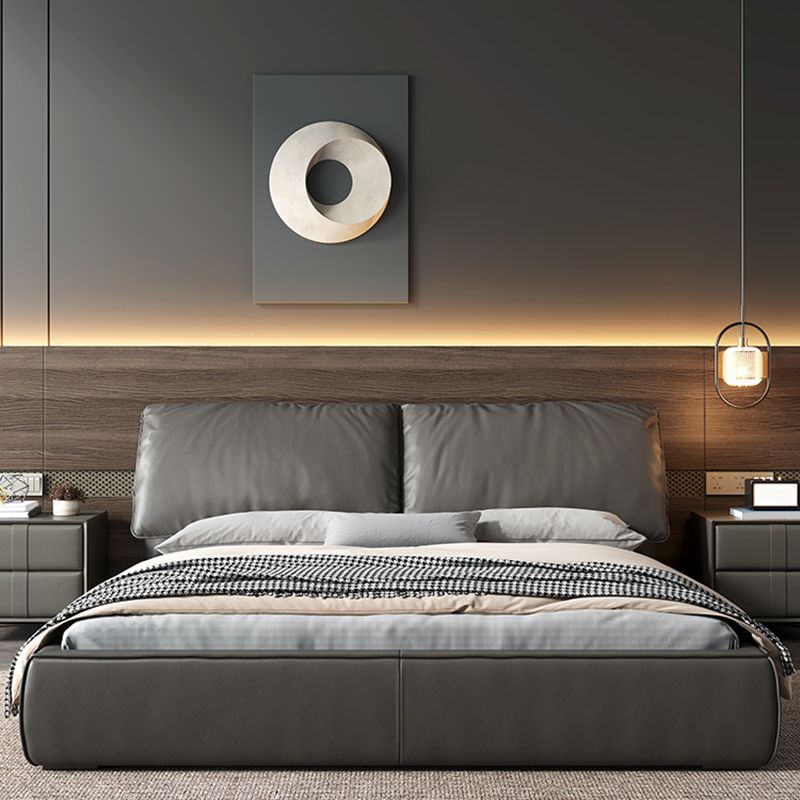 Glam Grey Bed Frame Pine Wood Upholstered Headboard Standard Bed Solid Color