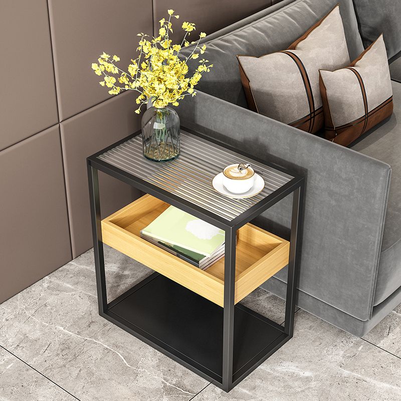 21.6" Tall Modern Rectangular Glass Top Side Table Iron Frame End Table with Shelves
