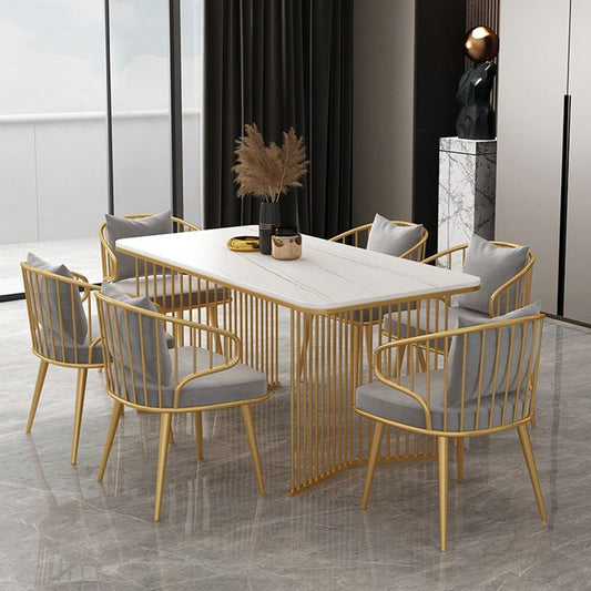 Rectangle Stone Dining table Gold Frame Traditional Luxury Double Pedestal Table Clearhalo 'Dining Tables & Seating' 'Dining Tables' 'dining_table' 'furn' 'furn_dining_table' 'Furniture' 'furniture_dining_table' 'Kitchen & Dining Furniture' 'kitchen' 'kitchen_dining_table' 1200x1200_f583a75e-8b70-4a54-bdc9-8e3a294c8373