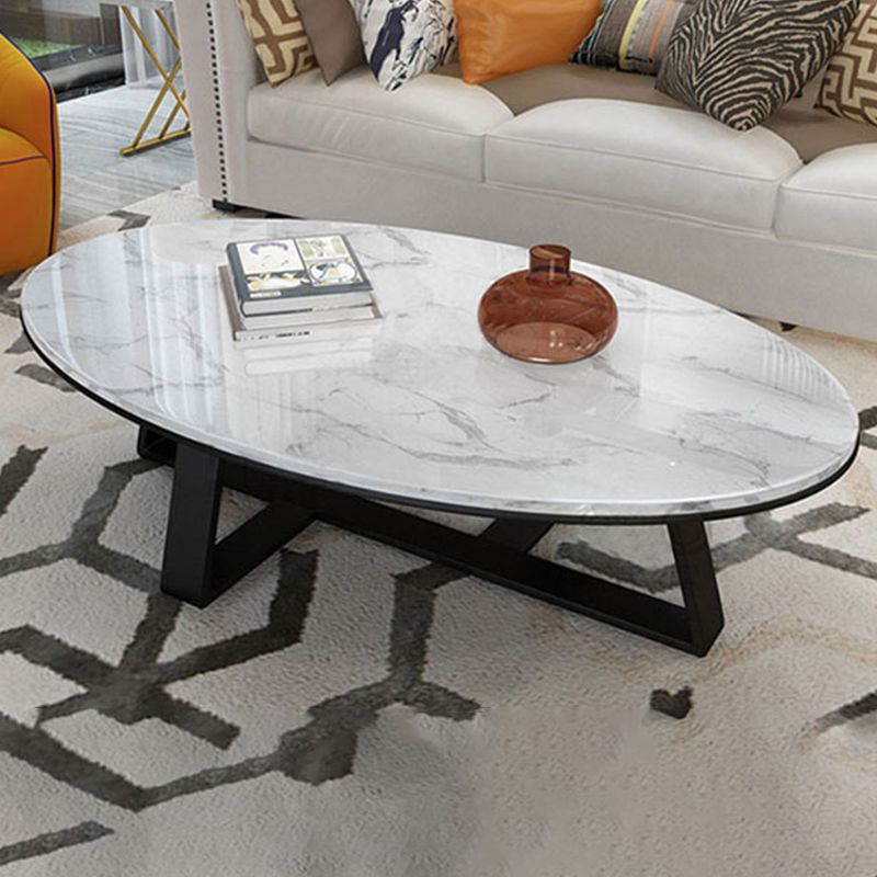 Oval Marble Top Coffee Table with Iron Cross Base Cocktail Table in White Clearhalo 'Coffee & Accent Tables' 'Coffee Tables' 'coffee_tables' 'furn' 'furn_coffee_tables' 'Furniture' 'Living Room Furniture' 1200x1200_f5887fc5-153c-4cb8-8f16-c2745757d999