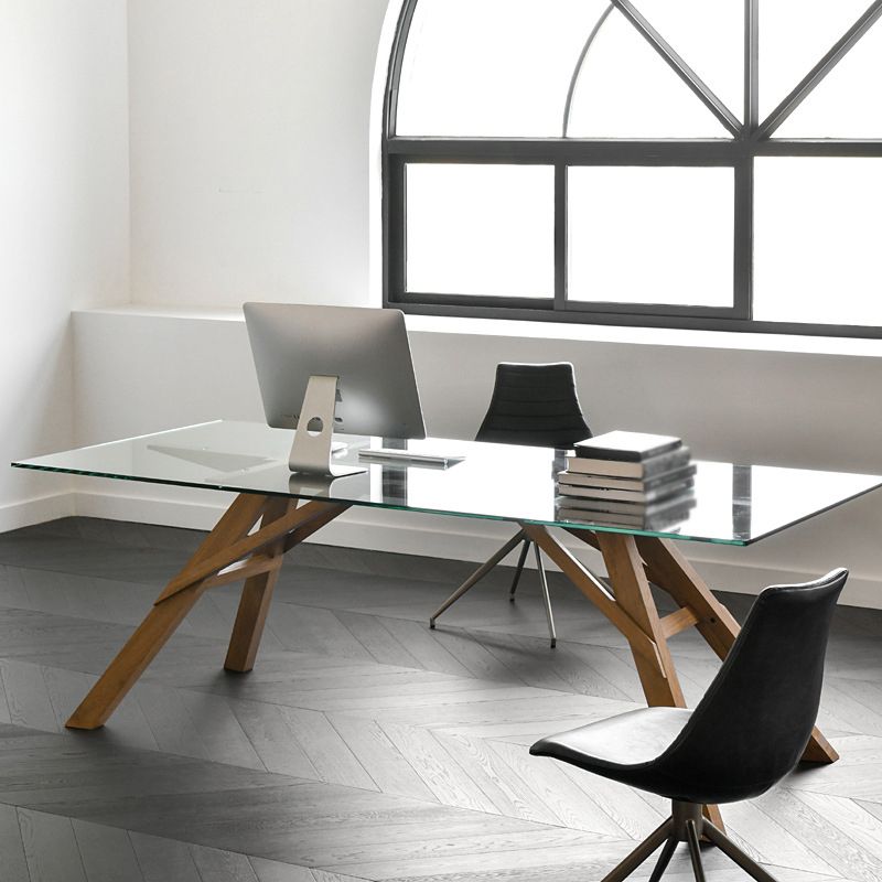 Table à manger en verre en verre moderne avec base en bois massif