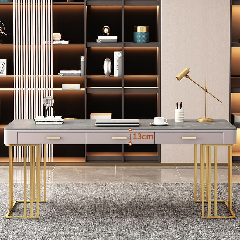 Stone and Metal Writing Desk Glam Pewter Office Desk 3 Drawer