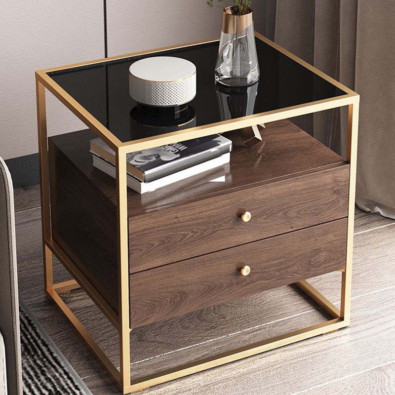 21.25" Tall Rectangular Glass Top Side Table Iron Frame 2-Drawer End Table