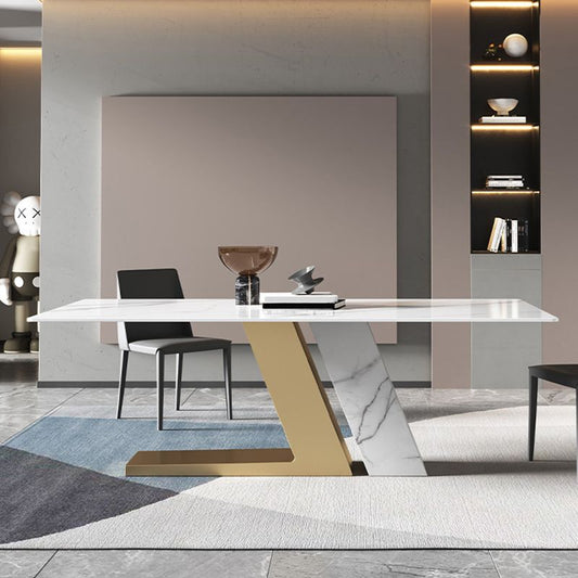 Gold Metal Base Rectangle Table Modern Black and White Sintered Stone Top Dining Table