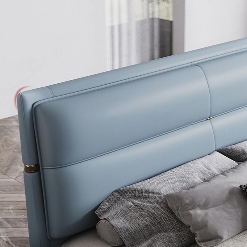 Lederen gestoffeerd rechthoekig paneelbed Standaard bedframe in blauw