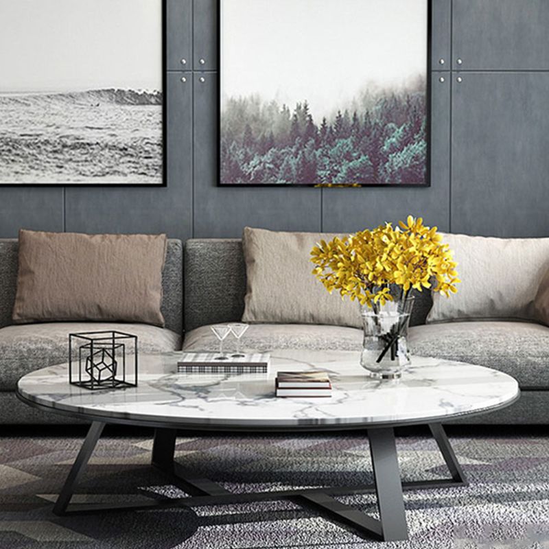 Oval Marble Top Coffee Table with Iron Cross Base Cocktail Table in White Clearhalo 'Coffee & Accent Tables' 'Coffee Tables' 'coffee_tables' 'furn' 'furn_coffee_tables' 'Furniture' 'Living Room Furniture' 1200x1200_f5d4e0a3-1b04-4789-870d-c04a63f82f93