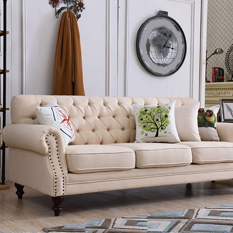 33.4"H Country Linen/Microfiber/Faux Leather Rolled Arm Tufted Sofa Clearhalo 'furn' 'furn_sofas' 'Furniture' 'furniture_sofas' 'kitchen' 'kitchen_sofas' 'Living Room Furniture' 'Sofa' 'sofas' 1200x1200_f5ebc173-473c-4797-8d65-019071174b9b