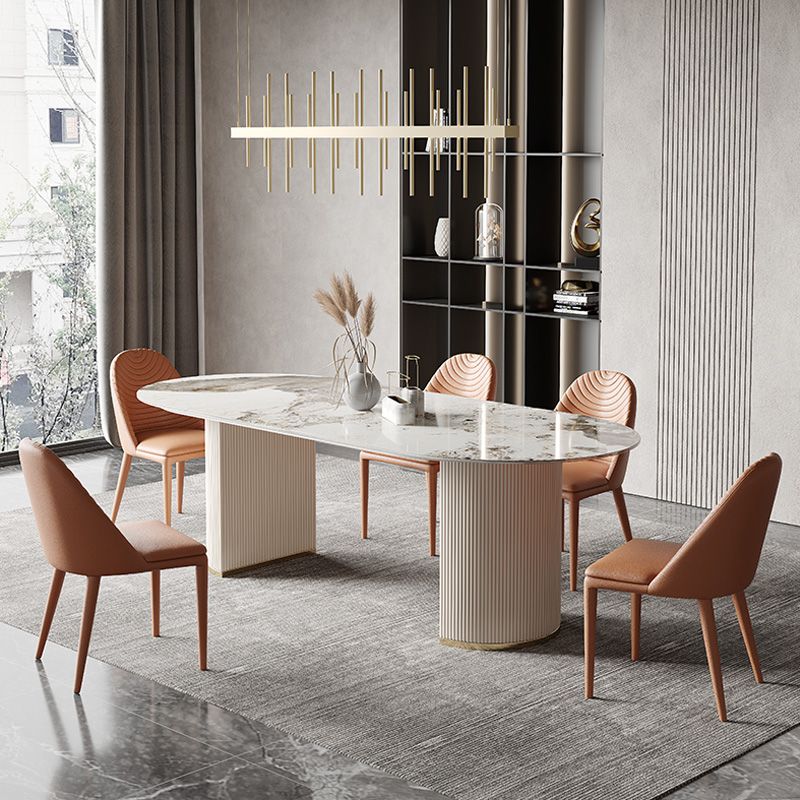 Glam Oval Dining Table Stone Top Dining Table with Double Pedestal in White Clearhalo 'Dining Tables & Seating' 'Dining Tables' 'dining_table' 'furn' 'furn_dining_table' 'Furniture' 'Kitchen & Dining Furniture' 1200x1200_f60af79b-b726-4f87-9223-26e4813dc64e