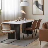 Table à manger blanche avec base en bois noir, Table de dinette rectangulaire pour la maison