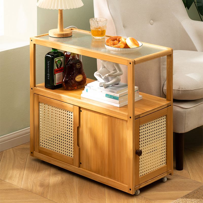 Asian Rectangular Side Table Glass Top End Table with Cabinet