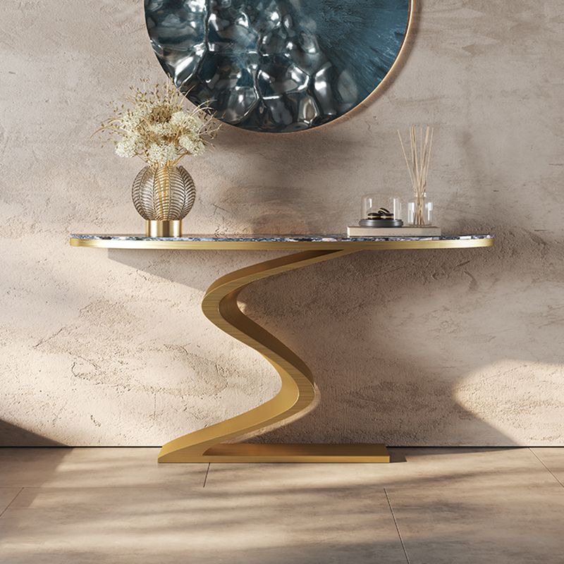 Glam Golden Console Accent Table with Half Moon Stone for Hall