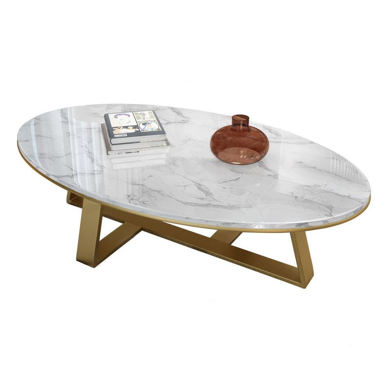 Oval Marble Top Coffee Table with Iron Cross Base Cocktail Table in White Clearhalo 'Coffee & Accent Tables' 'Coffee Tables' 'coffee_tables' 'furn' 'furn_coffee_tables' 'Furniture' 'Living Room Furniture' 1200x1200_f689d55d-7bbb-433f-b91a-b9896773f222