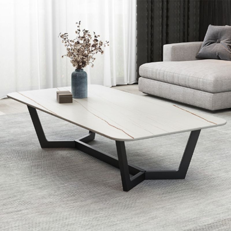 Glam Style Rectangular Slate with Trestle Base Black Foot Coffee Table