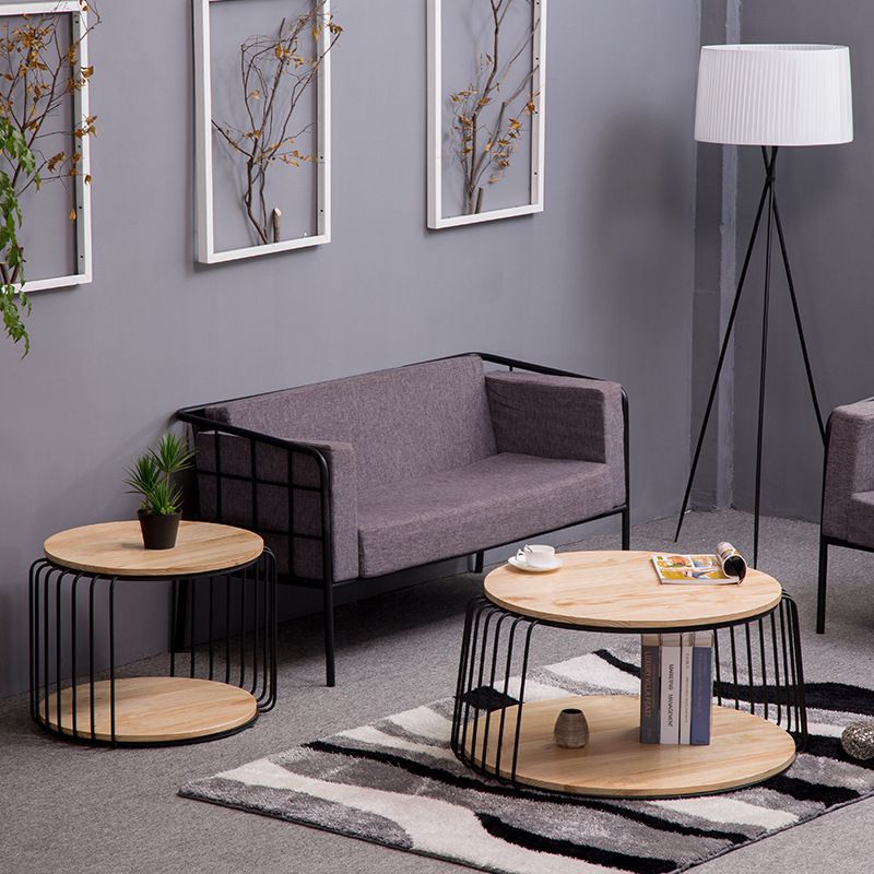 Round Solid Wood Coffee Table Drum Coffee Cocktail Table with Floor Shelf