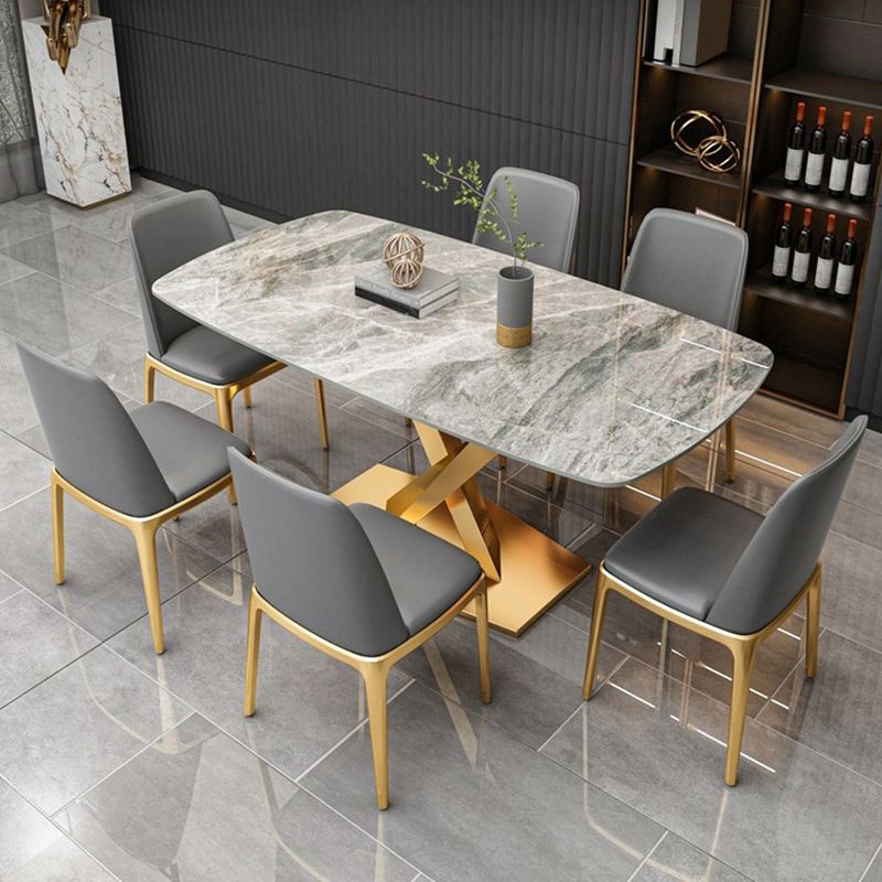 Gray Sintered Stone Dining Table Traditional Luxury Dining Table with Gold Frame Clearhalo 'Dining Tables & Seating' 'Dining Tables' 'dining_table' 'furn' 'furn_dining_table' 'Furniture' 'Kitchen & Dining Furniture' 1200x1200_f6b981b2-0b3d-42f0-b9e4-7087ab54d2d8