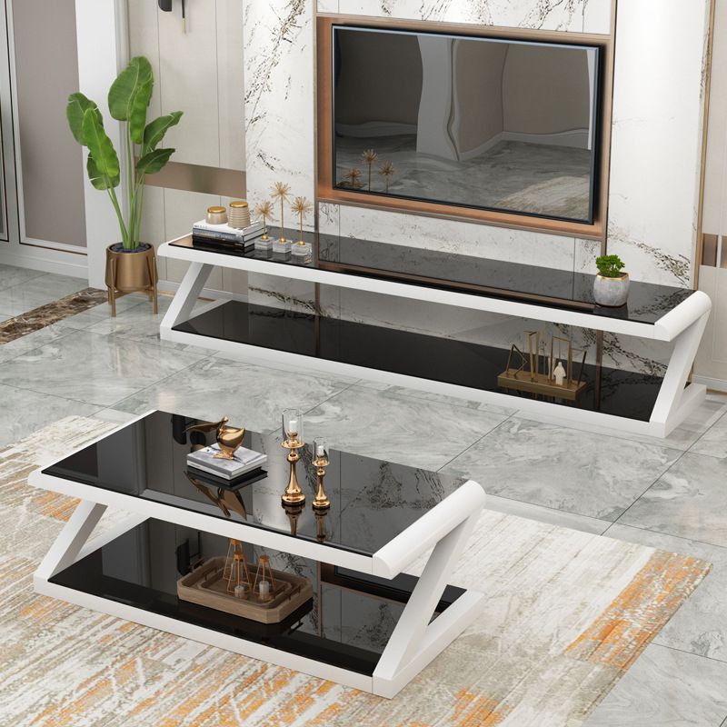 Modern Style Rectangular Tempered Glass with Abstract Base Coffee Table
