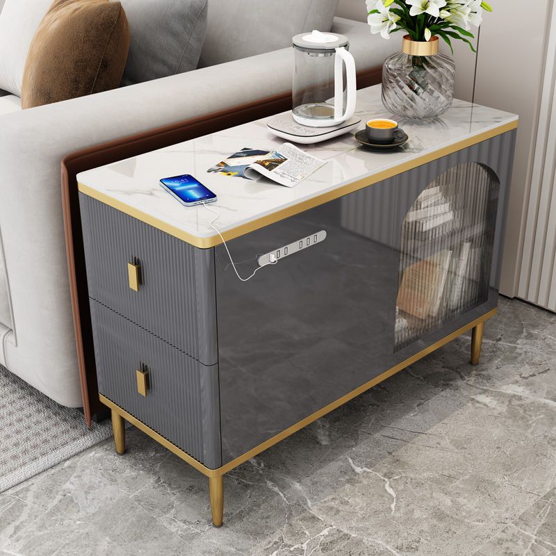 Rechthoekig ijzer 4 poten bijzettafel met twee ladjes eindtafel in grijs/zilver