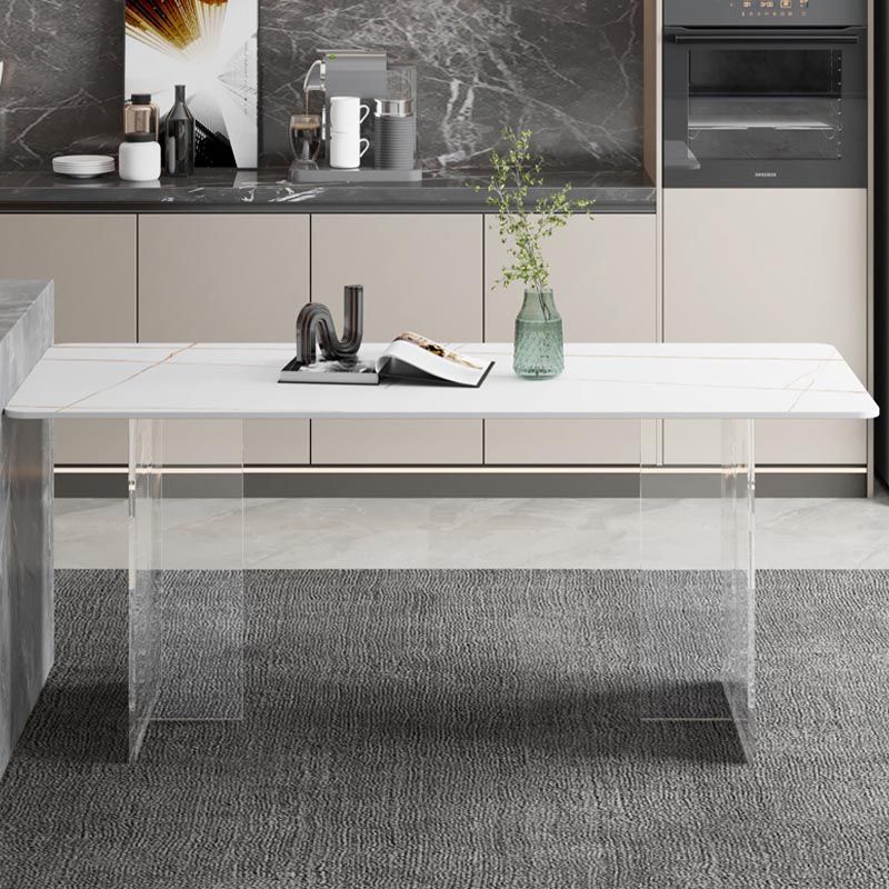 Rectangular Stone Dining Table Modern White Furniture with Acrylic Double Pedestal Clearhalo 'Dining Tables & Seating' 'Dining Tables' 'dining_table' 'furn' 'furn_dining_table' 'Furniture' 'Kitchen & Dining Furniture' 1200x1200_f6d90c92-5d04-4db4-a48d-d9be3787ebc3