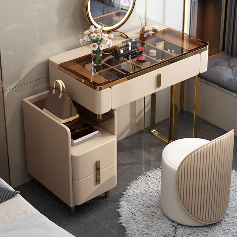Modern Brown Glass Vanity Table with Stool Drawers Included Dressing Table