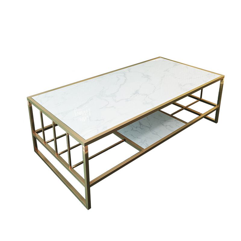Glam Rectangle Coffee Table with Golden Sled Base and Storage Shelf Clearhalo 'Coffee & Accent Tables' 'Coffee Tables' 'coffee_tables' 'furn' 'furn_coffee_tables' 'Furniture' 'Living Room Furniture' 1200x1200_f7096222-3302-434b-8ae2-157fc6fb0259