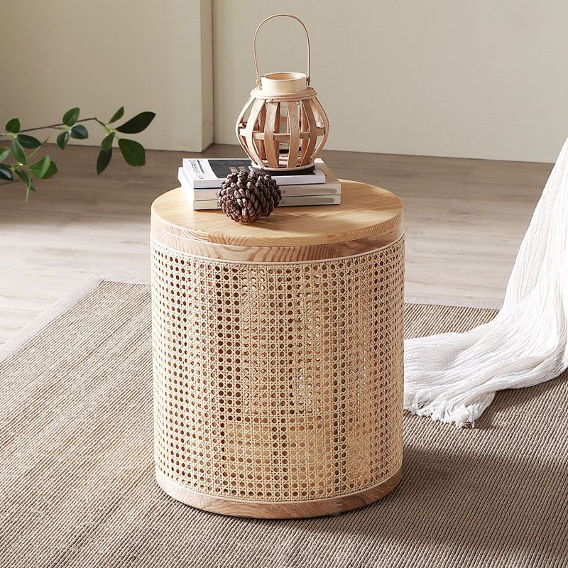 17.7" Tall Solid Wood Round Top Side Table Drum Base End Table with Storage