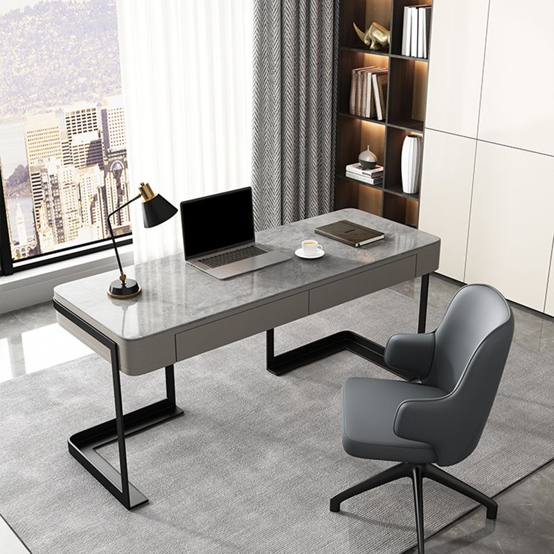 2 Drawers Writing Desk Rectangular Shaped Grey Office Desk for Home Clearhalo 'furn' 'furn_office_desk' 'Furniture' 'Office Desks' 'Office Furniture' 'office_desk' 1200x1200_f78de791-7871-4846-8a89-52ae2f20fd00
