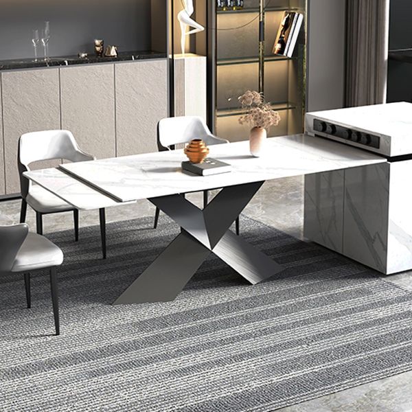 Mesa de comedor de piedra blanca rectangular moderna con pedestal doble de acero negro